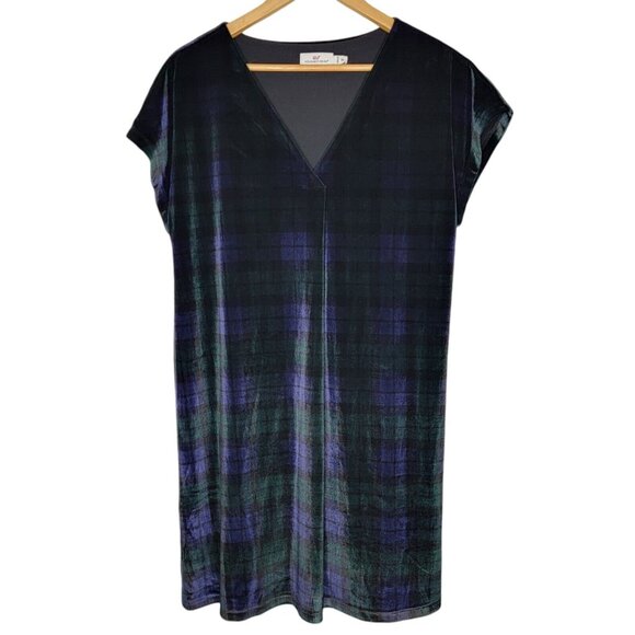 Vineyard Vines Medium Blackwatch Green / Blue Velvet V-Neck Midi Dress Women's M - Picture 1 of 5